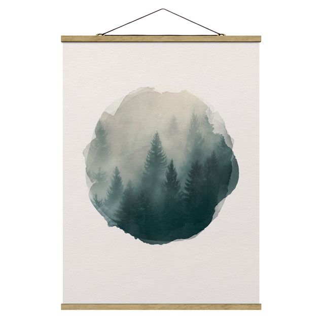 Foto su tessuto da parete con bastone - Acquarelli - foreste di conifere in caso di nebbia - Verticale 4:3