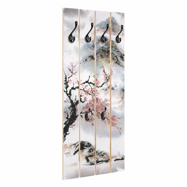 Appendiabiti in legno - Giapponese disegno ad acquerello Ciliegio E Montagne - Ganci cromati - Verticale