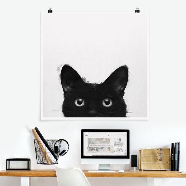 Poster - Illustrazione pittura Gatto nero su bianco - Quadrato 1:1
