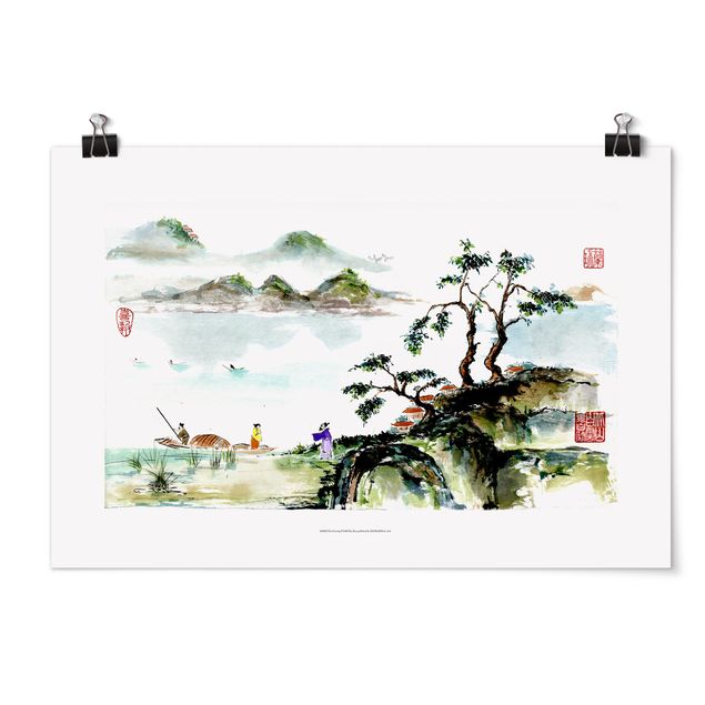 Poster - Giapponese Acquerello Lago Disegno E Montagne - Orizzontale 2:3