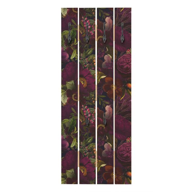 Appendiabiti in legno - Fiori viola scuro - Ganci cromati - Verticale