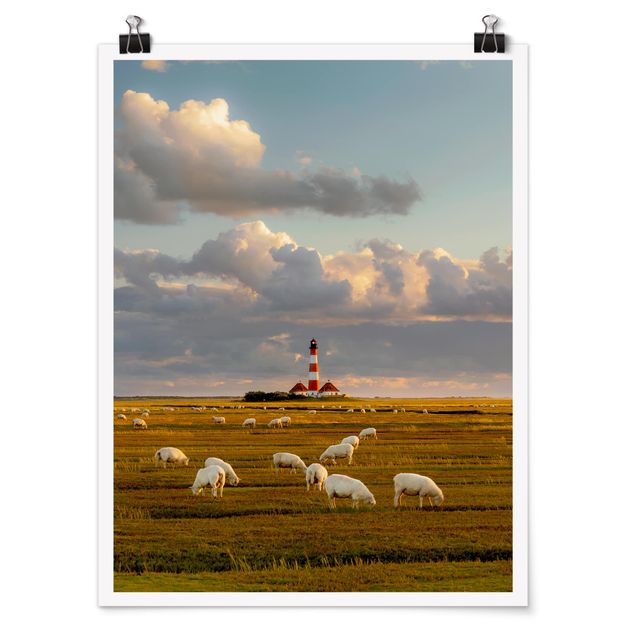 Poster - Mare del Nord Faro con Sheepherd - Verticale 4:3