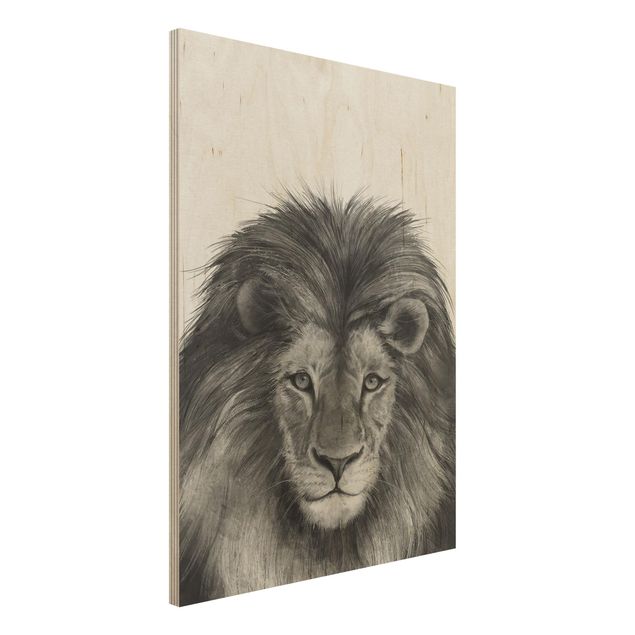 Stampa su legno - Illustrazione del leone Monochrome Pittura - Verticale 4:3