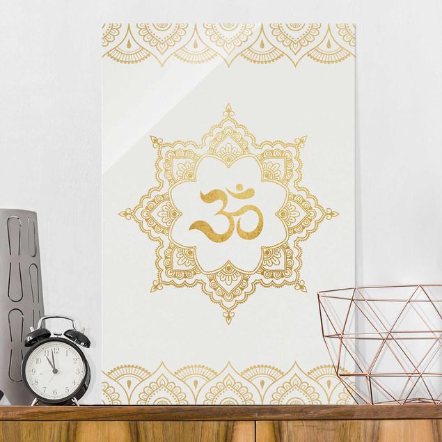 Lavagna magnetica in vetro Mandala OM Illustrazione Ornamentale Oro Bianco