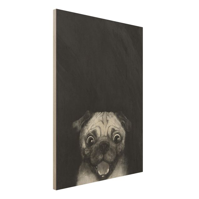 Stampa su legno - Illustrazione Pug Dog Pittura Su Bianco e nero - Verticale 4:3