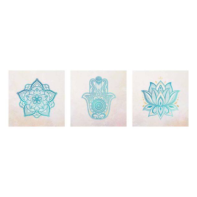 Quadro in vetro - Mandala Hamsa mano Lotus Set oro blu - 3 parti