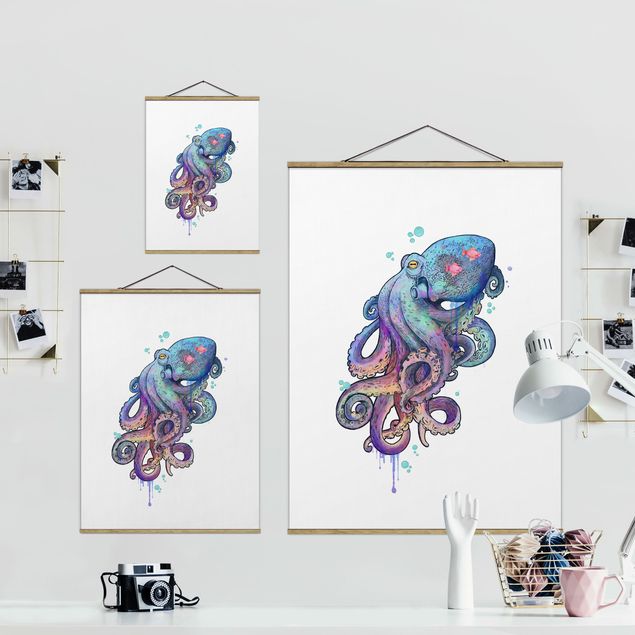 Foto su tessuto da parete con bastone - Laura Graves - Illustrazione Octopus Viola Turchese Pittura - Verticale 4:3