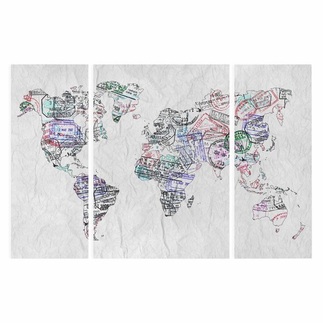 Stampa su tela 3 parti - Passport stamp world map - Trittico