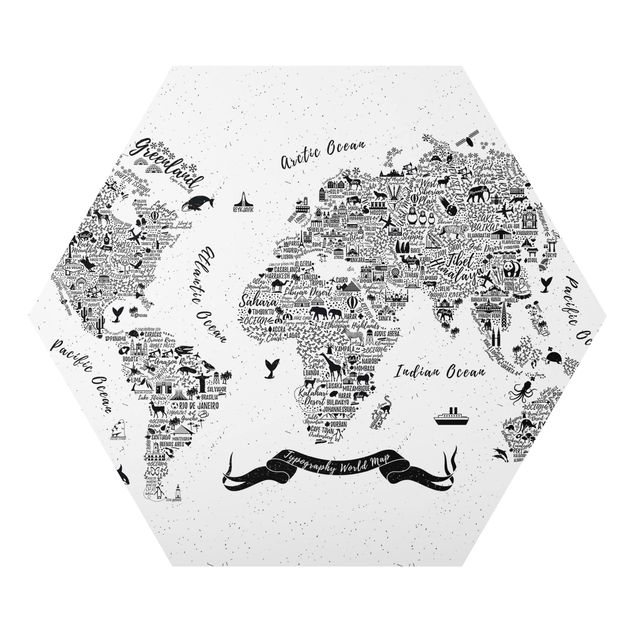 Esagono in Alluminio Dibond - Tipografia Bianco mappa del mondo