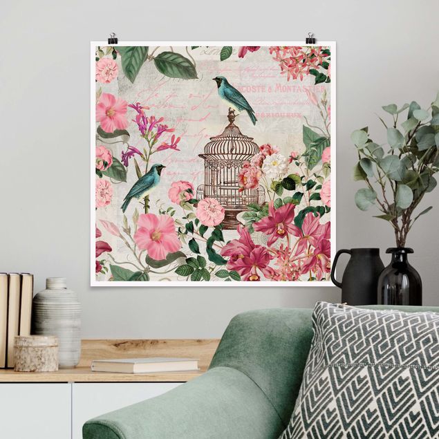 quadri con animali Collage Shabby Chic - Fiori rosa e uccelli blu