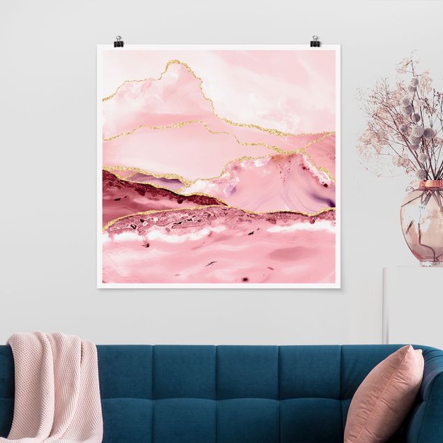 quadro astratto Montagne astratte rosa con linee dorate