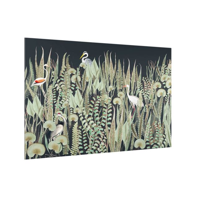 Paraschizzi in vetro - Fenicottero e cicogna con piante su sfondo verde - Formato orizzontale 3:2