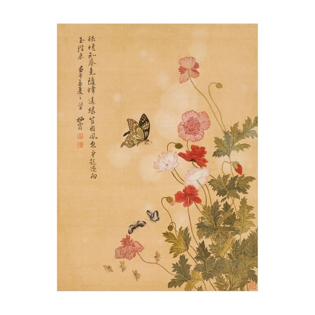 Tappeti beige Yuanyu Ma - Fiore di papavero e farfalla