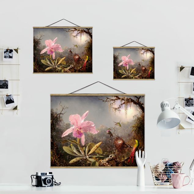 Foto su tessuto da parete con bastone - Martin Johnson Heade - orchidea e Tre colibrì - Orizzontale 3:4