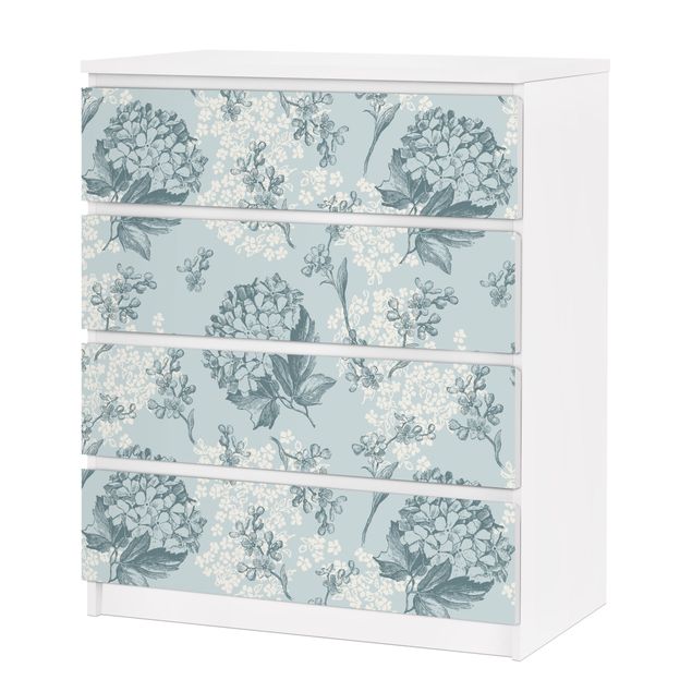 Carta adesiva per mobili IKEA - Malm Cassettiera 4xCassetti - Pattern in blue Hortensia