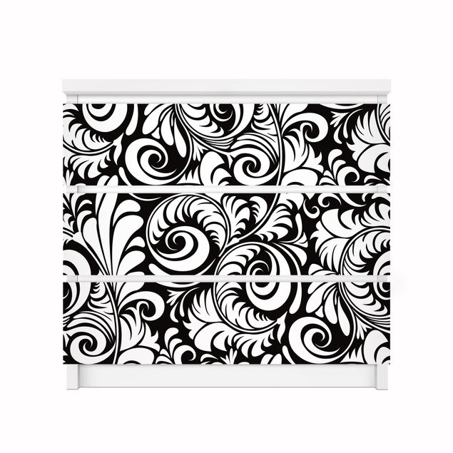 Carta adesiva per mobili IKEA - Malm Cassettiera 3xCassetti - Black and White Leaves Pattern