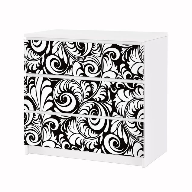 Carta adesiva per mobili IKEA - Malm Cassettiera 3xCassetti - Black and White Leaves Pattern