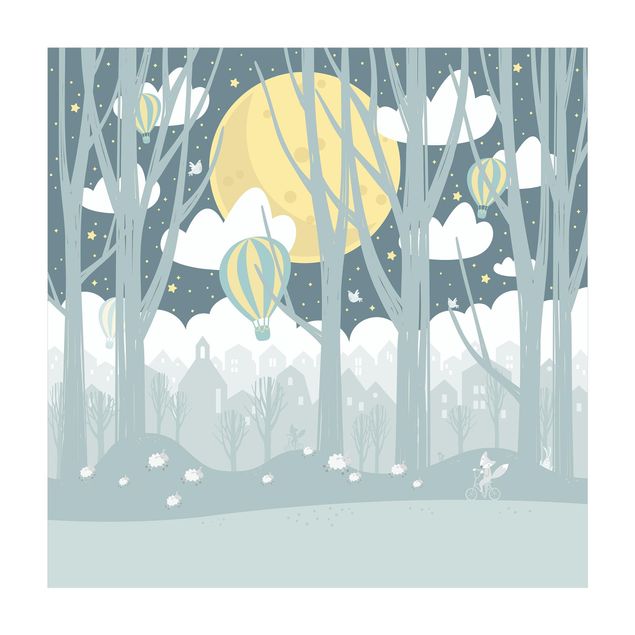 Tappeto blu soggiorno Luna con alberi e case