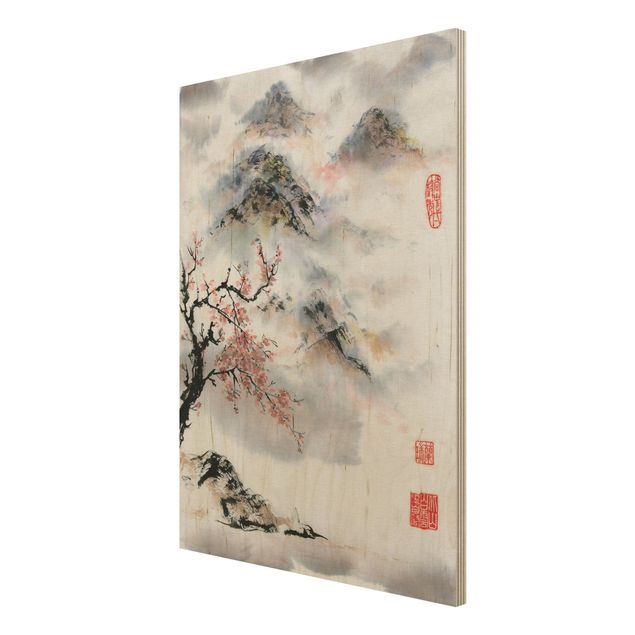 Stampa su legno - Giapponese disegno ad acquerello Ciliegio E Montagne - Verticale 4:3