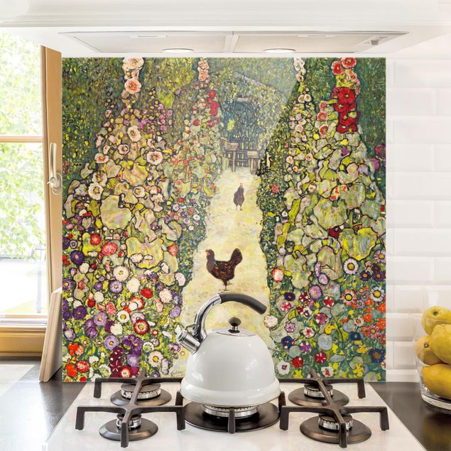 paraschizzi in vetro magnetico Gustav Klimt - Sentiero del giardino con galline