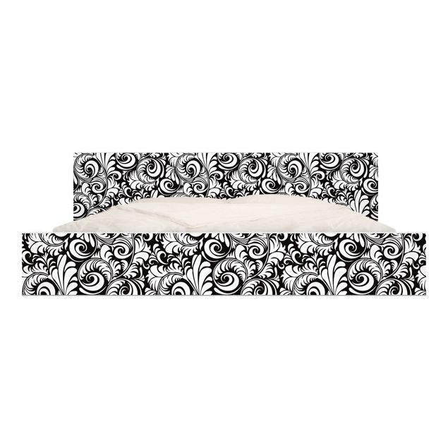 Carta adesiva per mobili IKEA - Malm Letto basso 180x200cm Black and White Leaves Pattern