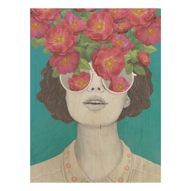 Stampa su legno - Illustrazione Collage del ritratto della donna con i fiori Occhiali - Verticale 4:3