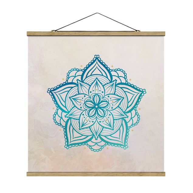 Quadro su tessuto con stecche per poster - Mandala illustrazione Mandala oro blu - Quadrato 1:1