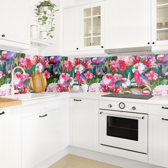 Rivestimenti cucina di plastica Tropicali variopinti fiori con uccelli rosa