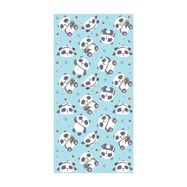Tappeto bagno blu Tenero panda con impronte di zampe e cuori blu pastello