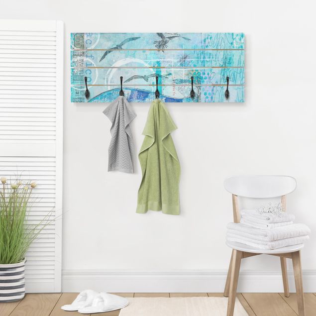 Appendiabiti in legno - Colorato collage - Bluefish - Ganci cromati - Orizzontale