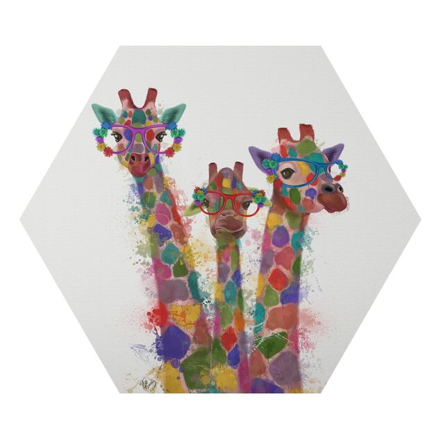Esagono in Alluminio Dibond - Arcobaleno Splash Giraffe Trio