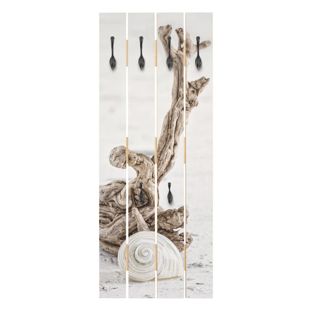 Appendiabiti in legno - Bianco guscio di lumaca e Burl - Ganci cromati - Verticale