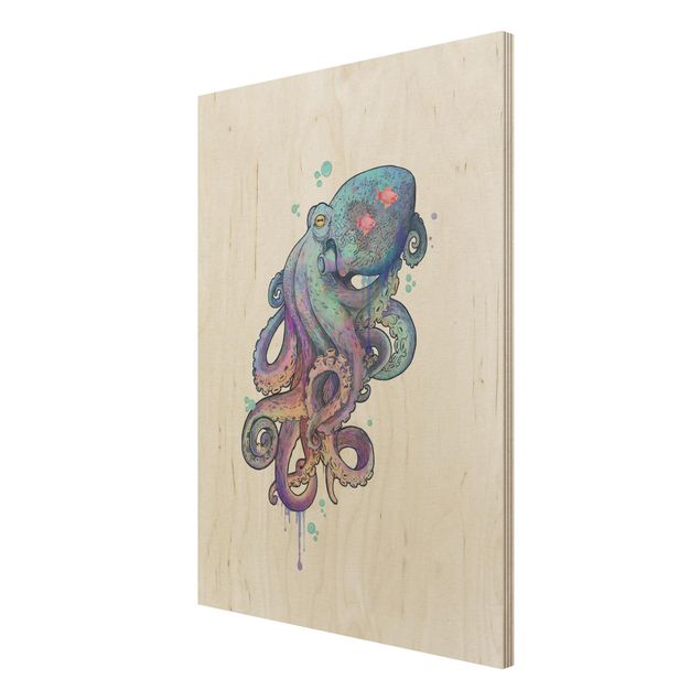 Stampa su legno - Illustrazione Octopus Viola Turchese Pittura - Verticale 4:3