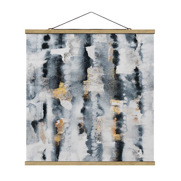 Quadro su tessuto con stecche per poster - Elisabeth Fredriksson - Acquerello Astratto con oro - Quadrato 1:1