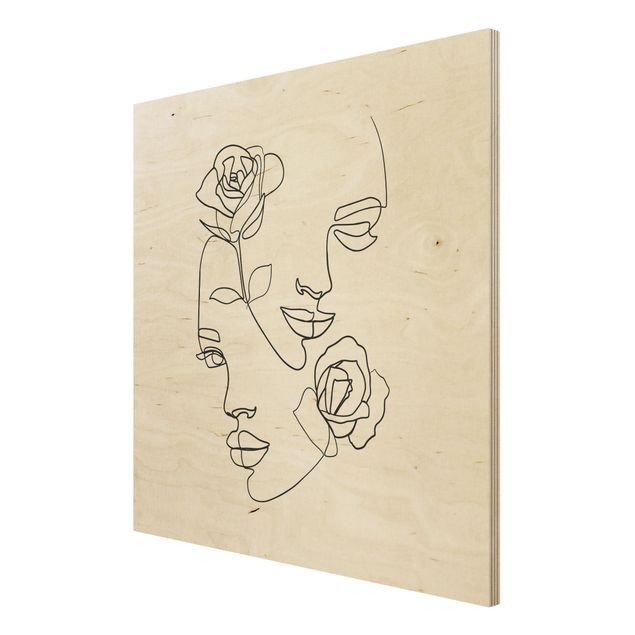 Stampa su legno - Line Art Faces donne Roses Bianco e nero - Quadrato 1:1