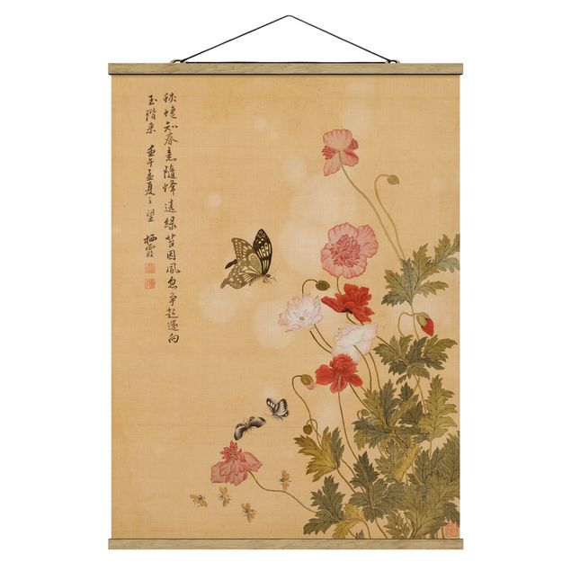 Foto su tessuto da parete con bastone - Yuanyu Ma - Papaveri e farfalle - Verticale 4:3