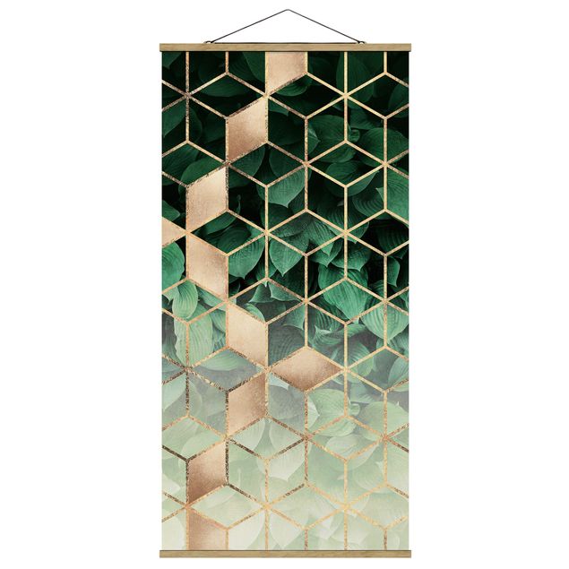 Quadro su tessuto con stecche per poster - Elisabeth Fredriksson - Verde Foglie d'oro Geometria - Verticale 2:1