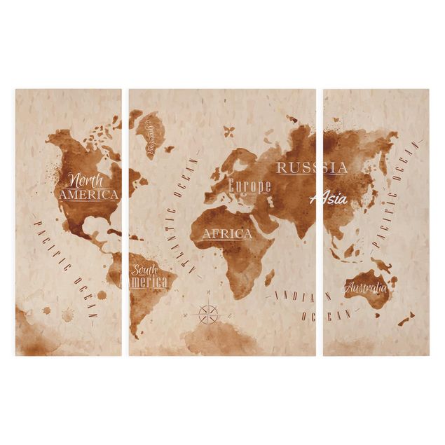 Stampa su tela 3 parti - World Map watercolor beige brown - Trittico