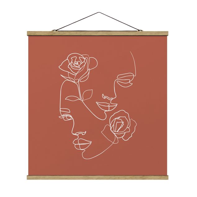 Quadro su tessuto con stecche per poster - Line Art Faces donne Roses rame - Quadrato 1:1
