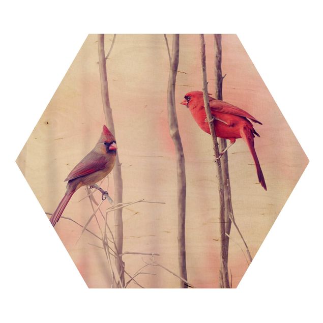 Esagono in legno - Uccelli sui rami