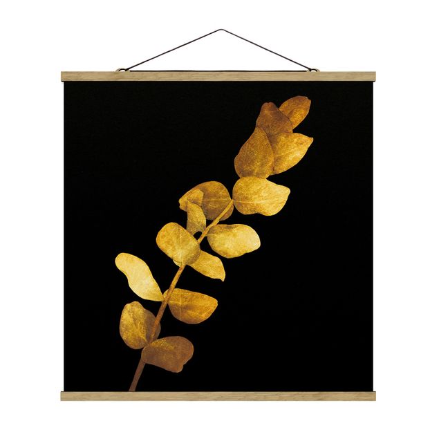 Quadro su tessuto con stecche per poster - Gold - Eucalyptus On Black - Quadrato 1:1