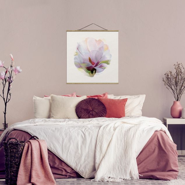 Quadro su tessuto con stecche per poster - Acquarelli - Delicato Fiore di Magnolia - Quadrato 1:1