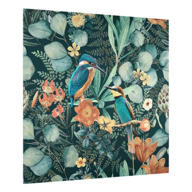 Paraschizzi in vetro - Paradiso floreale con colibrì e martin pescatore - Quadrato 1:1