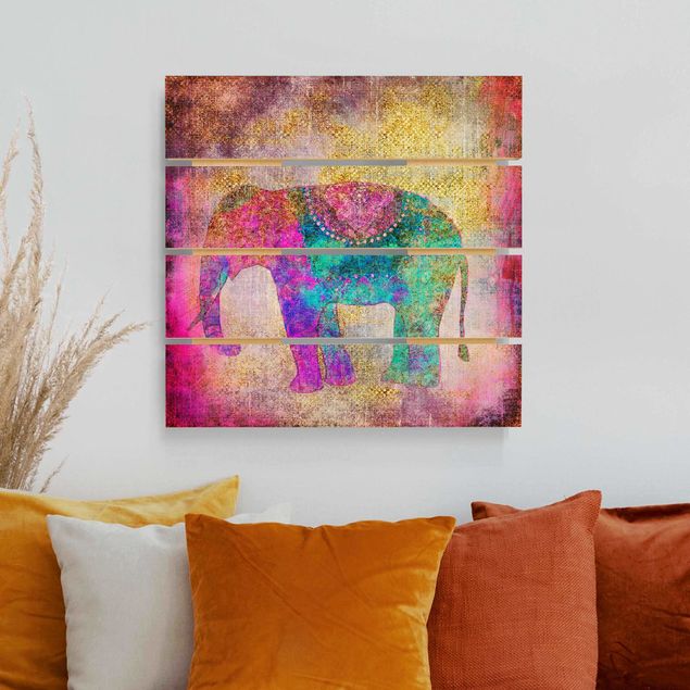 Stampa su legno - Colorato collage - Elefante indiano - Quadrato 1:1