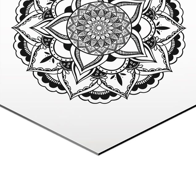 Esagono in Alluminio Dibond - Mandala Fiore Sun Set di illustrazione Bianco e nero