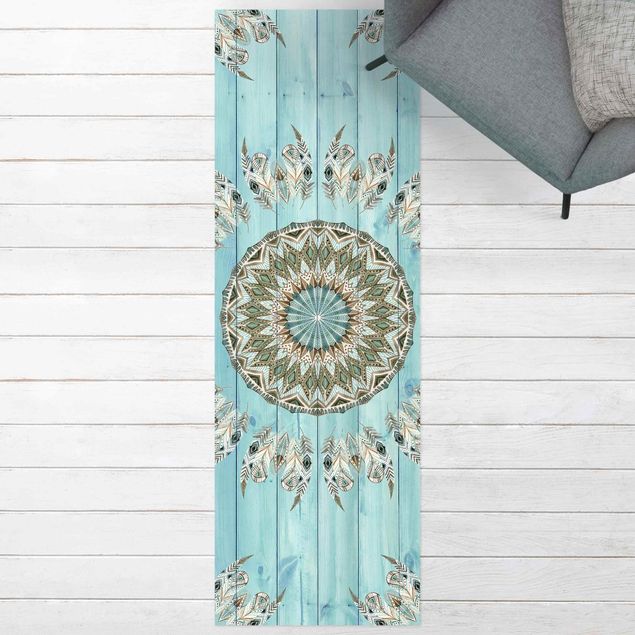 Tappeto per balcone Mandala acquerello piume blu verde tavole di legno