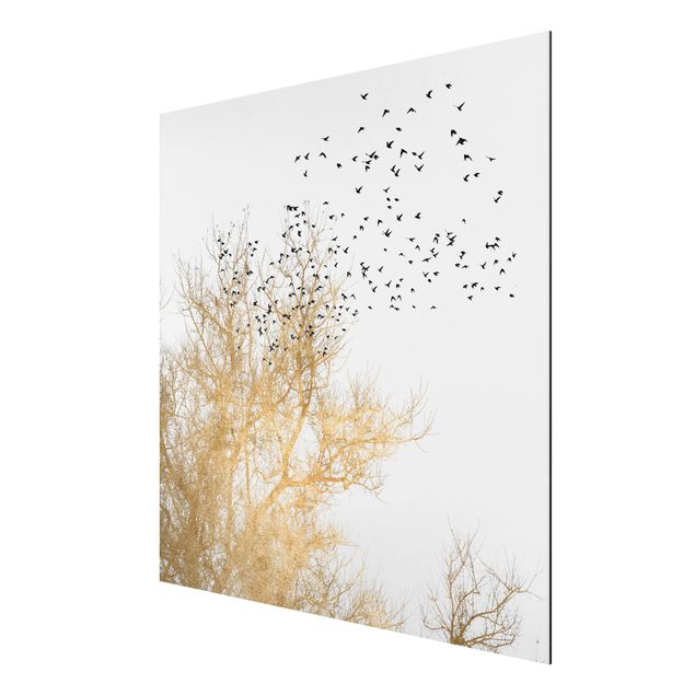 Stampa su alluminio - Stormo di uccelli davanti ad un albero dorato - Quadrato 1:1