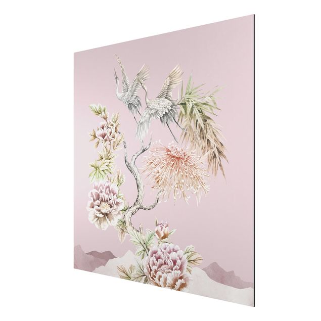 Stampa su alluminio - Acquerello di cicogne in volo con fiori su rosa