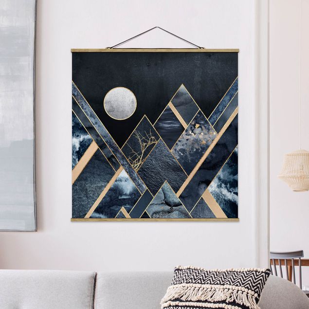quadro astratto moderno Luna d'oro Montagne nere astratte