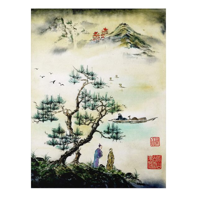 Stampa su alluminio spazzolato - Giapponese disegno ad acquerello di pino e Mountain Village - Verticale 4:3